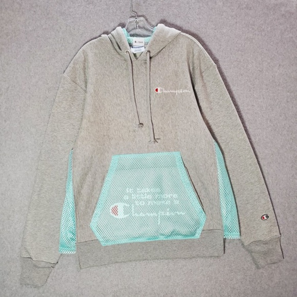 Champion Men Sweatshirt Large Gray Shift Hoodie Reverse‎ Weave Mesh Logo